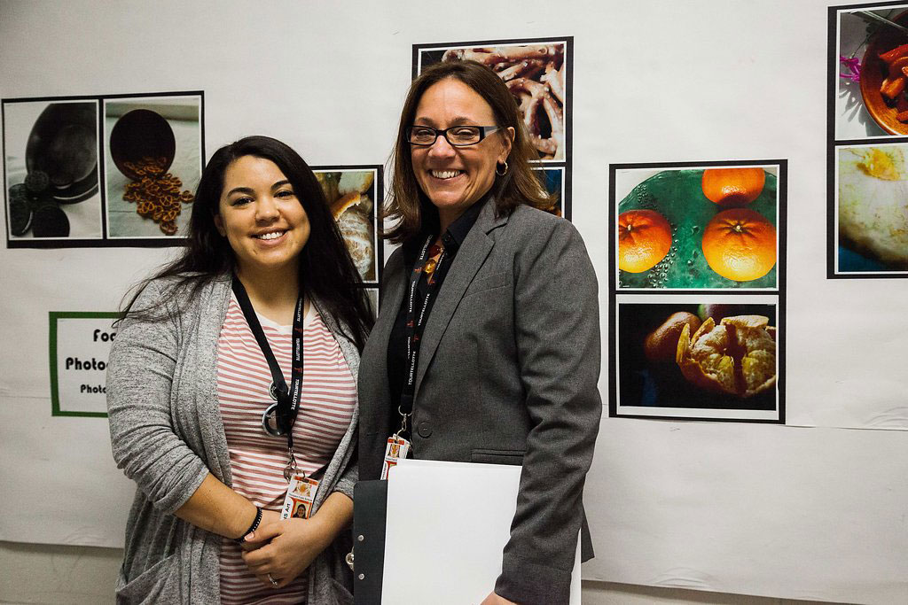 8:15 a.m. — Baker meets up with art teacher Bianca Prouty before observing her class and other classes during the day. (Photo credit: Cat Boyce/Neag School)