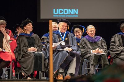 Neag School faculty enjoy remarks from alum Nellie Schafer during the Undergraduate Commencement ceremony on May 6, 2018. (Photo credit: Frank Zappulla/Neag School)
