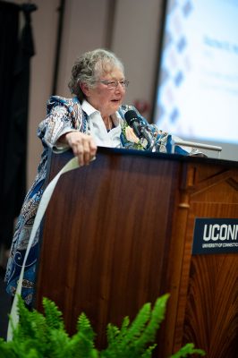 Known for her sense of humor, Rachel R. McAnallen ’10 Ph.D. arrived on stage to accept her Outstanding Professional Award with a long ream of paper she told the audience was a list of the individuals she wished to thank. (Defining Studios)