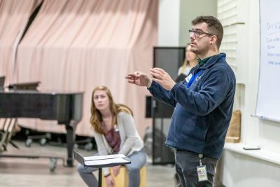 Rex Sturdevant leads a music education class on the UConn Storrs campus in April.