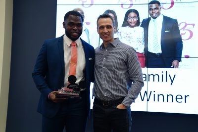 Emmanuel Omokaro (L) and ESPN President Jimmy Pitaro during the 2019 Volunteer of the Year Presentation.