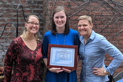 Hannah Brown (middle) with Jessica Patris, a school psychologist from East Hartford Middle School, and Michelle Ford, a school psychologist from Glastonbury High School., accepts CASP Intern of the Year.