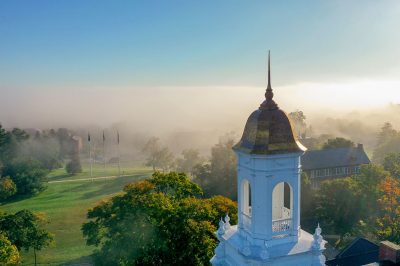 Drone shot of UConn campus' Wilbur Cross cupola.