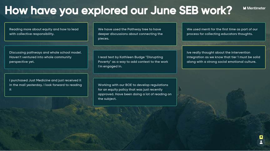 During the SEB Leader Academy, school leaders type in answers to the question: How have you explored our June SEB work?