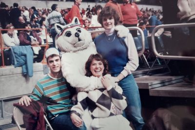 Joseph Briody in UConn Jonathan mascot costume with fans