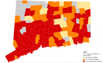 Color coded map of COVID numbers in Connecticut.