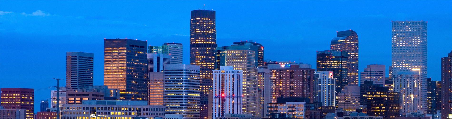The Denver, Colorado, skyline at night.